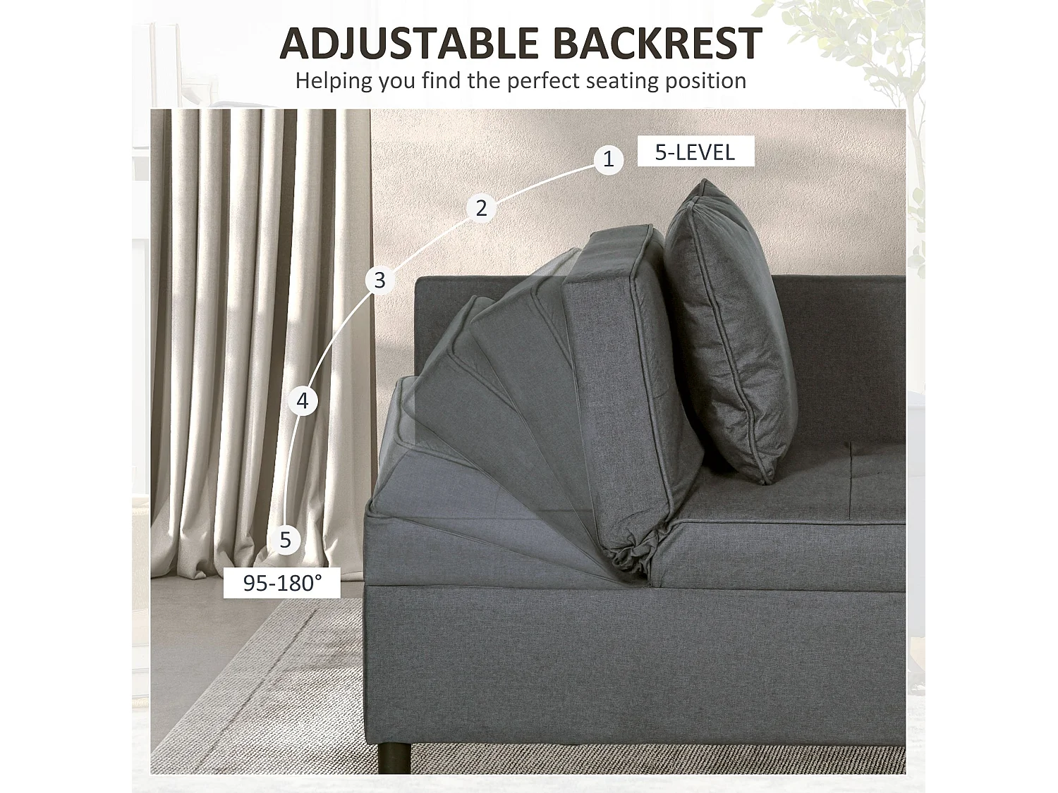 Lomo 3 in 1 Convertible Single Sofa Bed Grey Linen Look Adjustable Backrest Magazine Pocket