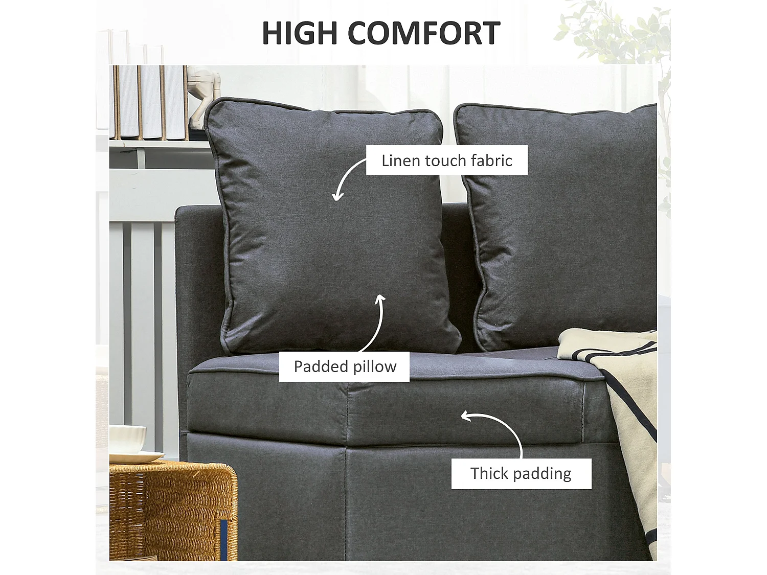 Lomo 3 in 1 Convertible Single Sofa Bed Grey Linen Look Adjustable Backrest Magazine Pocket