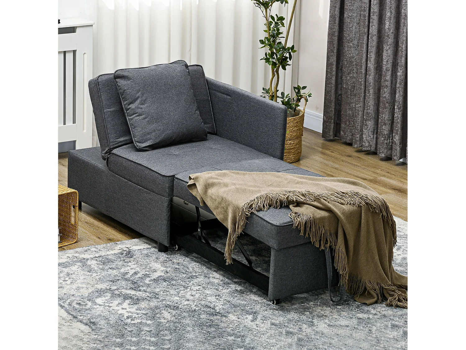 Lomo 3 in 1 Convertible Single Sofa Bed Grey Linen Look Adjustable Backrest Magazine Pocket
