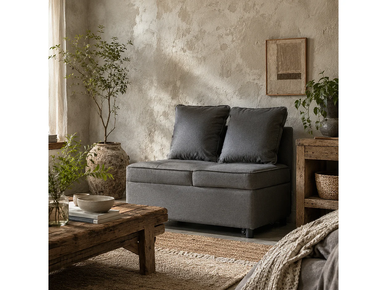 Lomo 3 in 1 Convertible Single Sofa Bed Grey Linen Look Adjustable Backrest Magazine Pocket