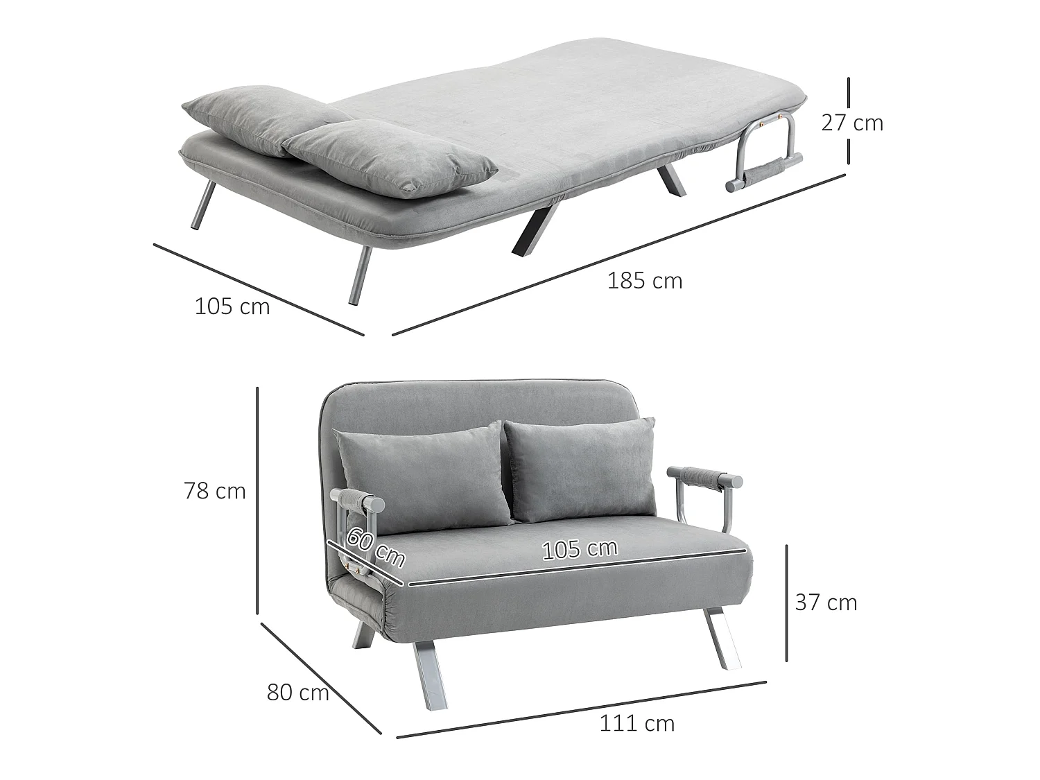 Nilara Light Grey 2 Seater Click Clack Sofa Bed Faux Suede Silver Metal Legs