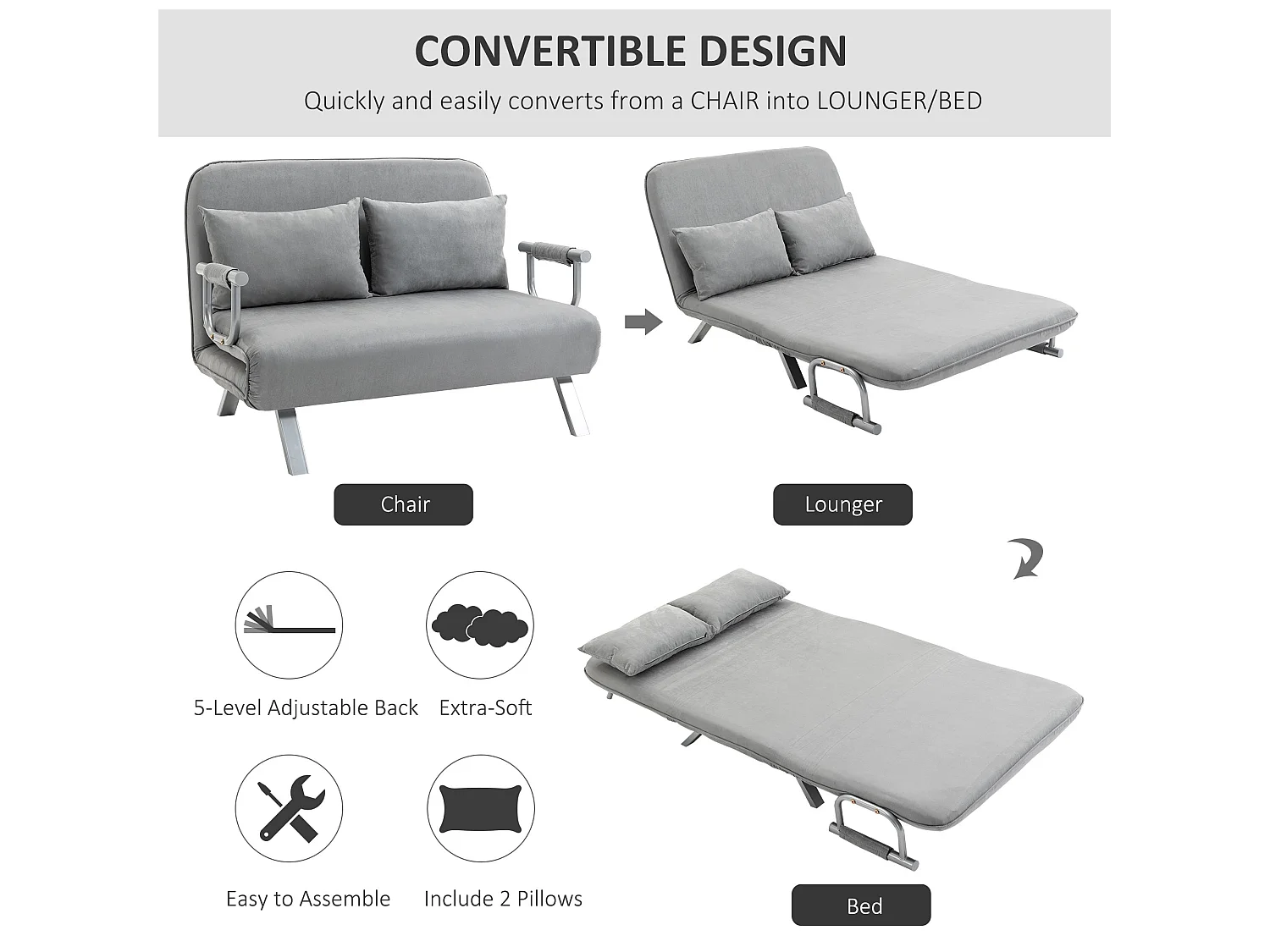 Nilara Light Grey 2 Seater Click Clack Sofa Bed Faux Suede Silver Metal Legs