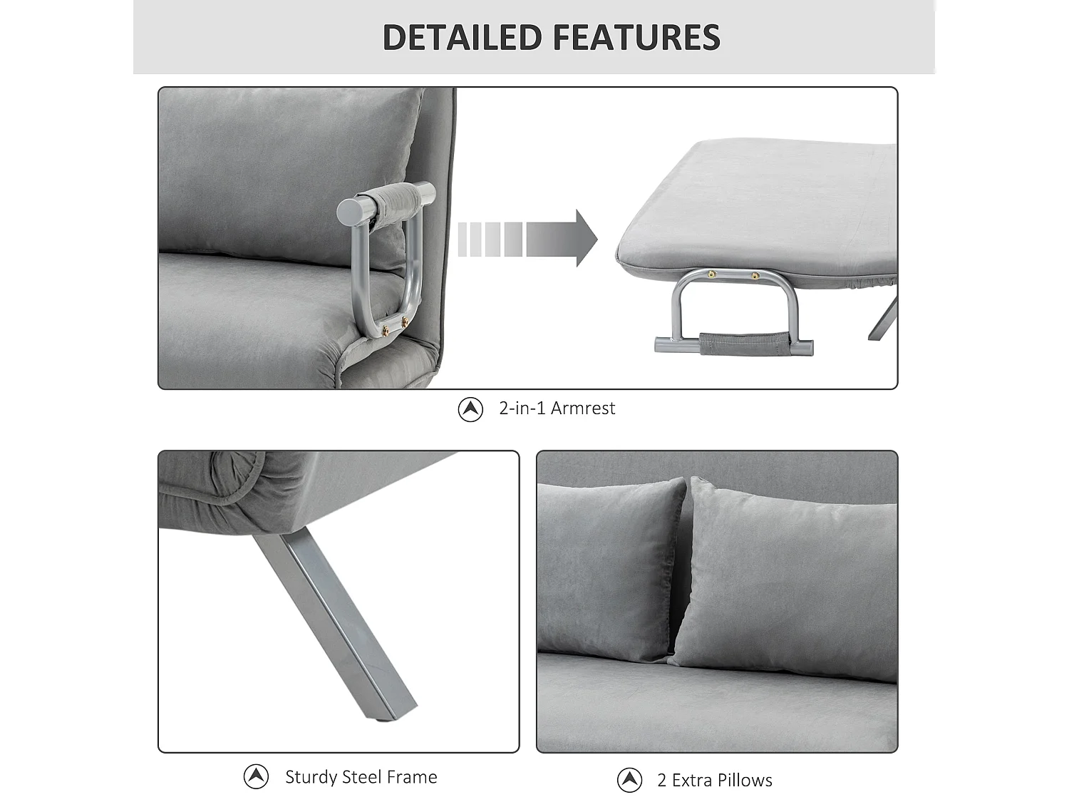 Nilara Light Grey 2 Seater Click Clack Sofa Bed Faux Suede Silver Metal Legs