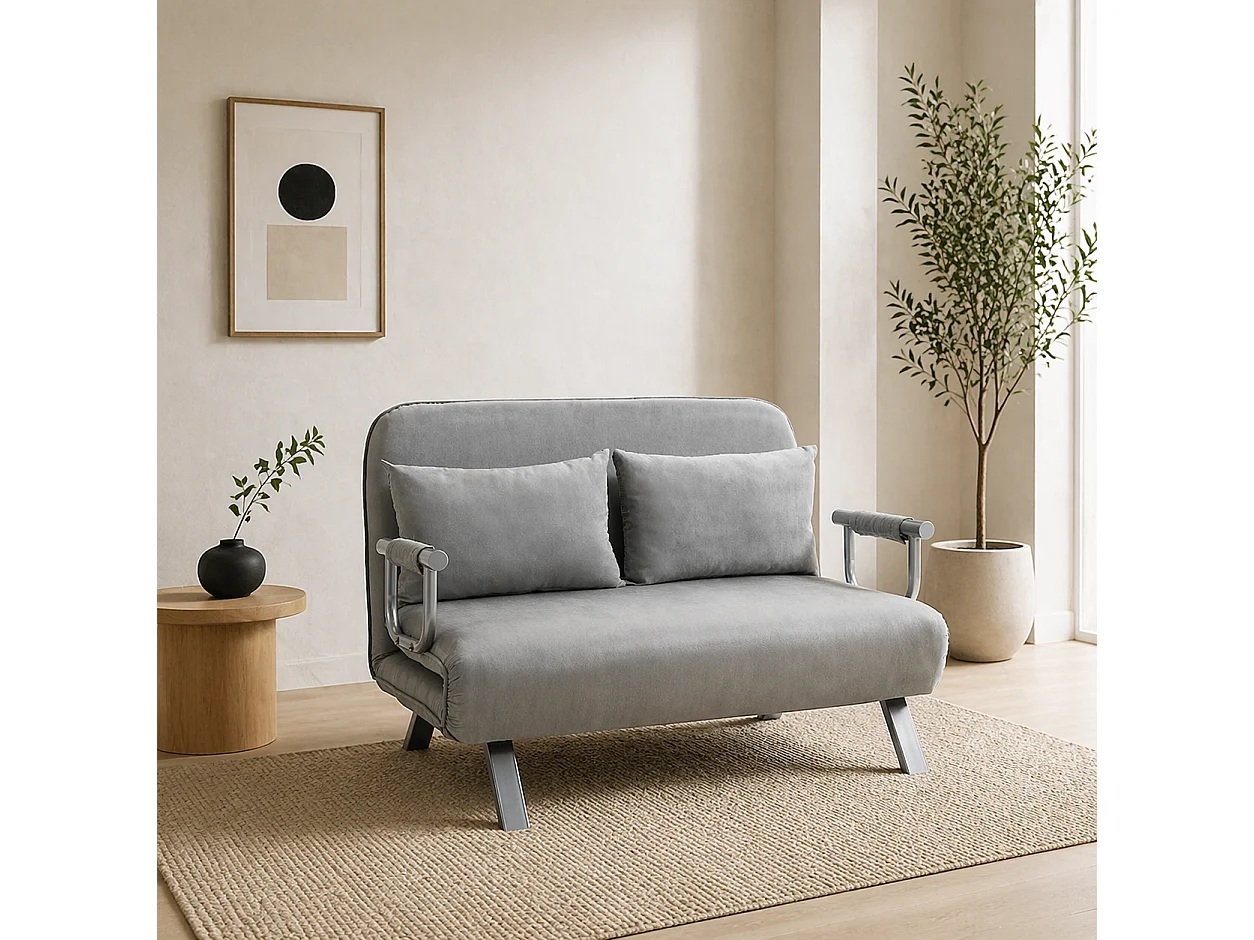 Nilara Light Grey 2 Seater Click Clack Sofa Bed Faux Suede Silver Metal Legs