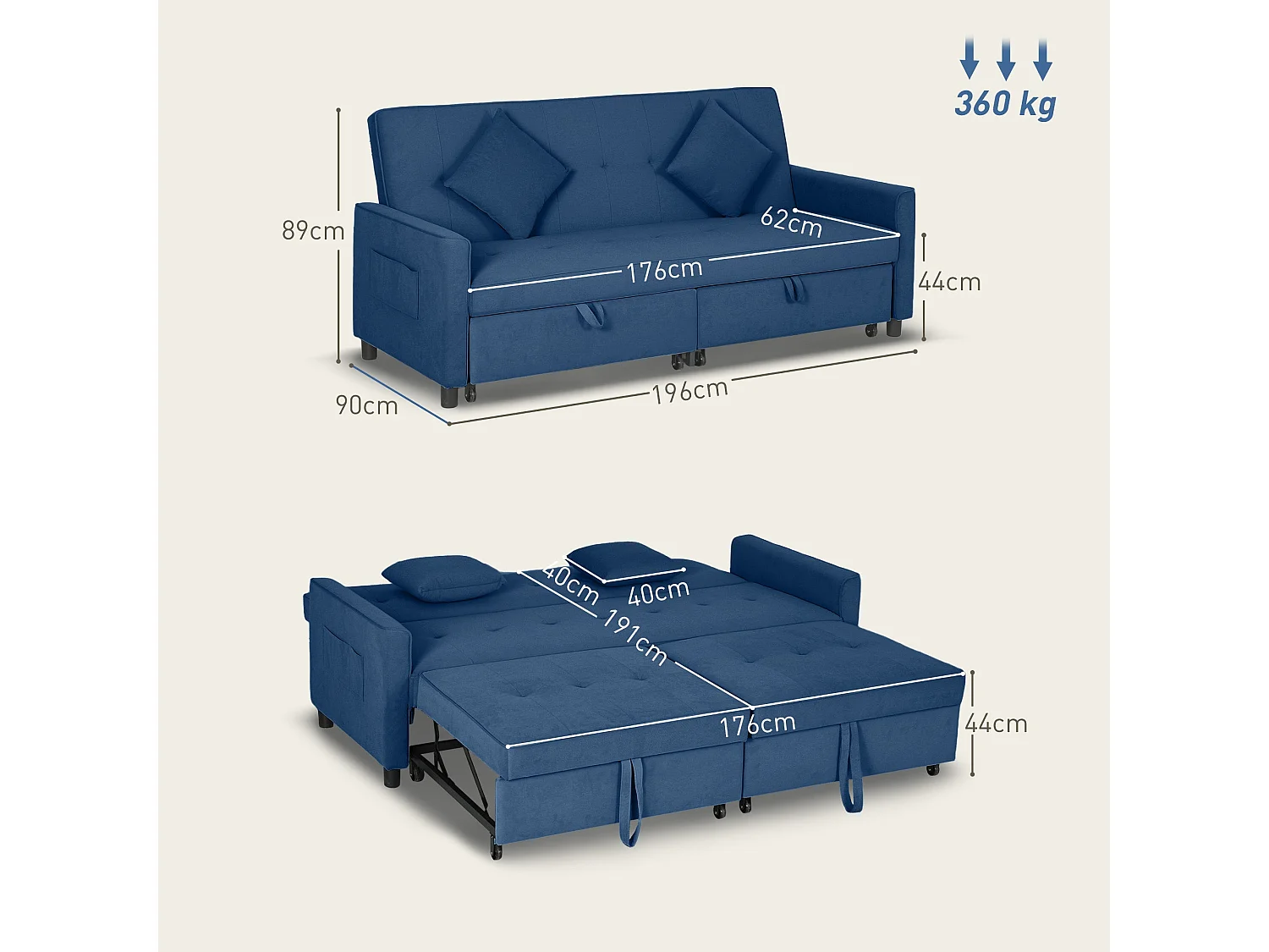 Sarova Difa Blue Velvet Feel 3 Seater Convertible Sofa Bed