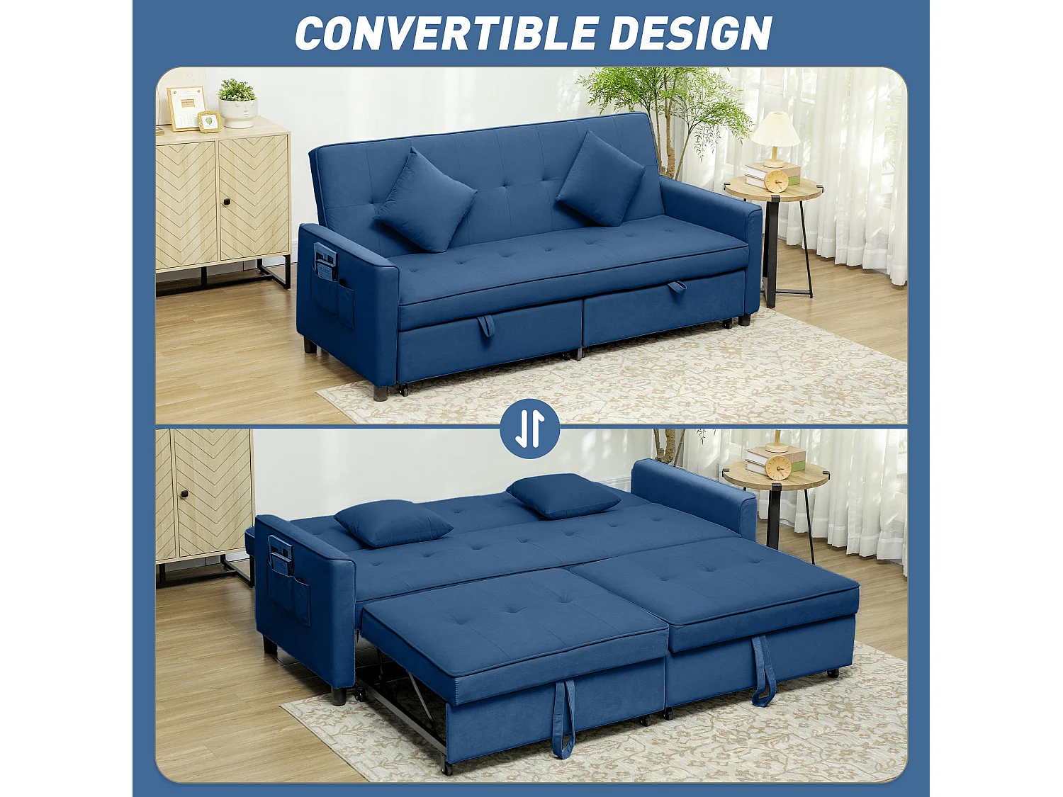 Sarova Difa Blue Velvet Feel 3 Seater Convertible Sofa Bed