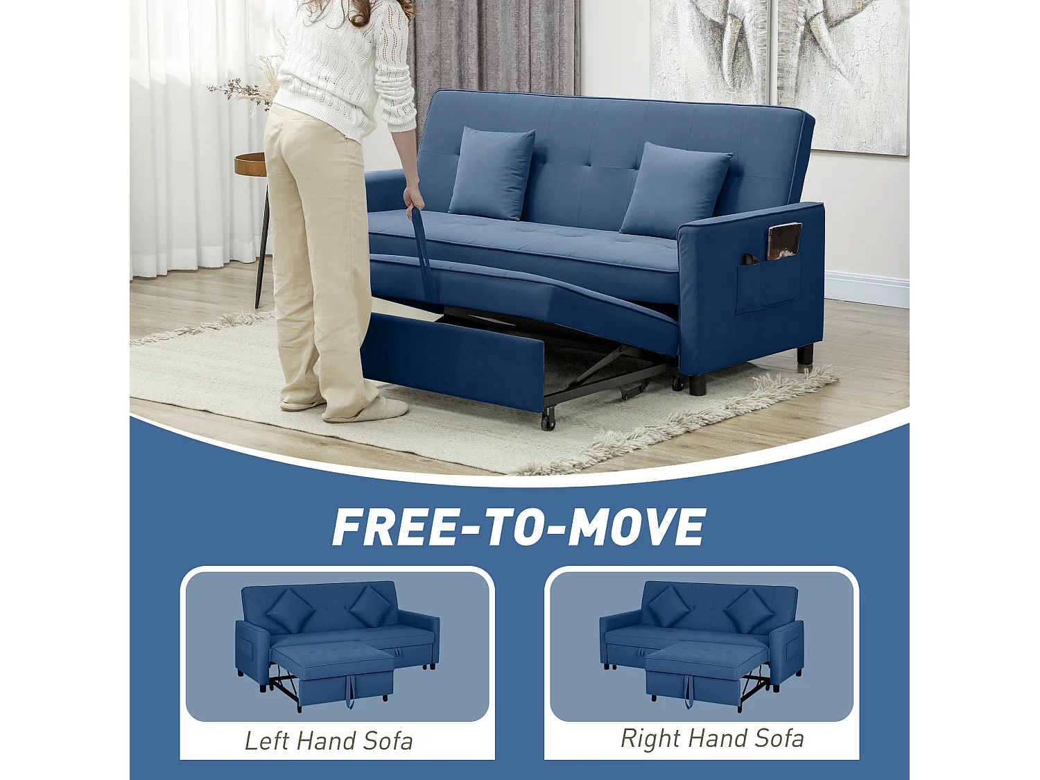 Sarova Difa Blue Velvet Feel 3 Seater Convertible Sofa Bed