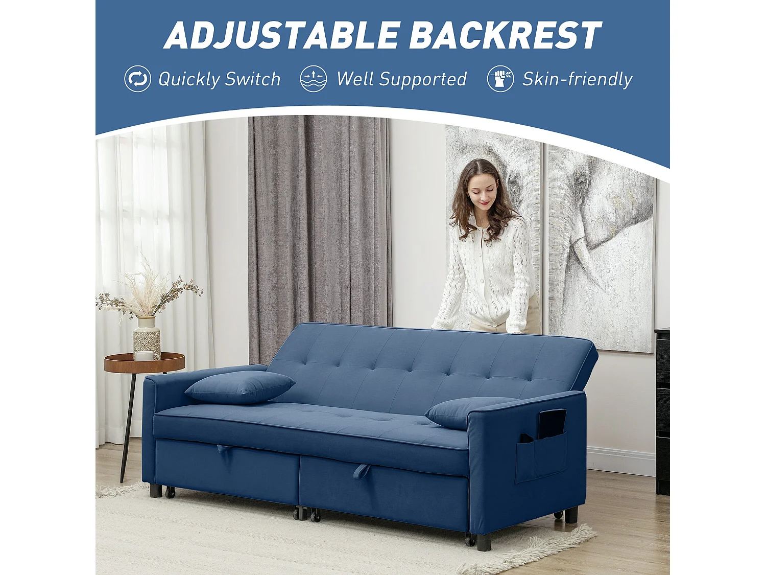 Sarova Difa Blue Velvet Feel 3 Seater Convertible Sofa Bed