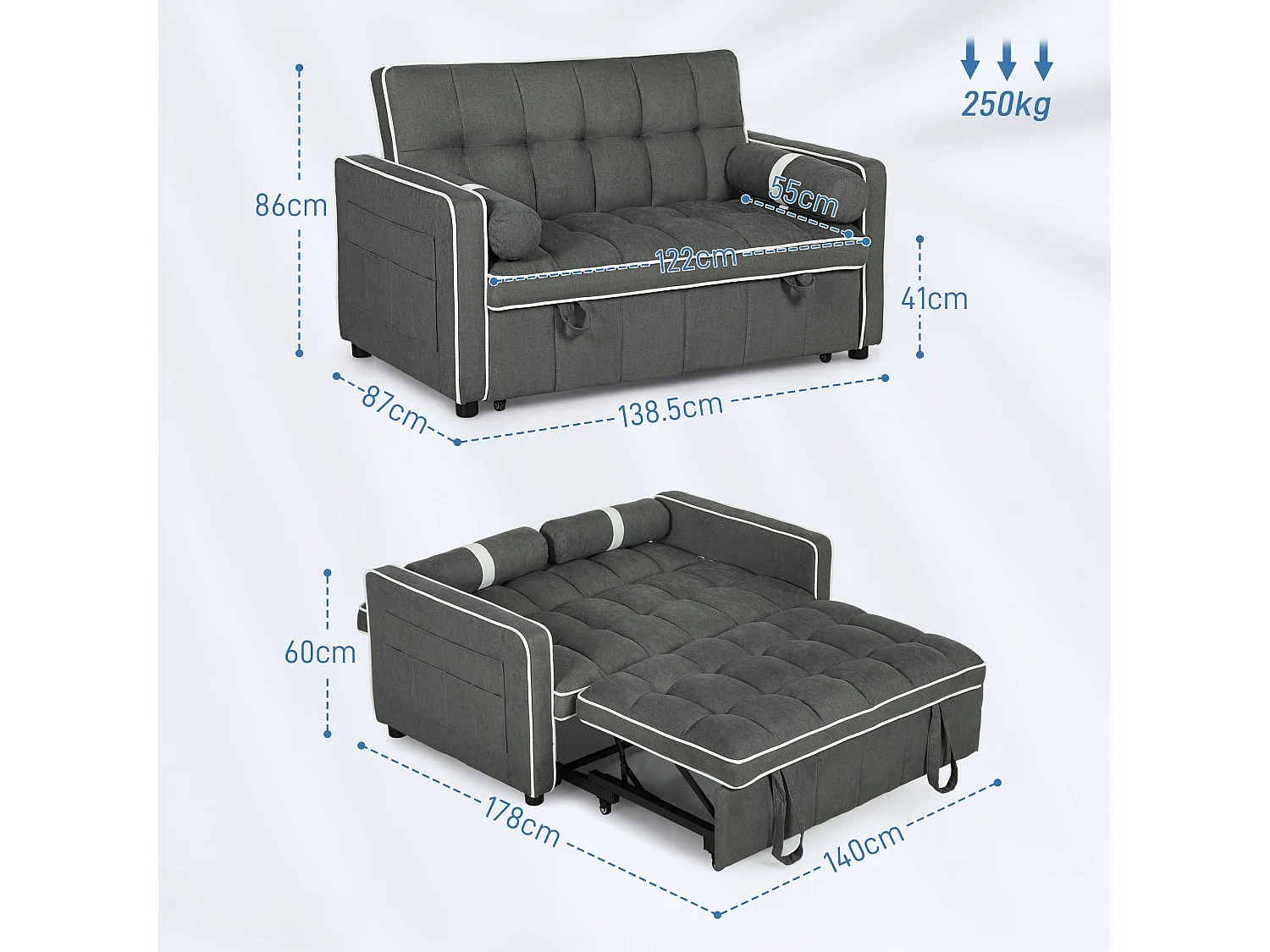 Tapa Linen Effect Charcoal Grey 2 Seater Sofa Bed with White Trim