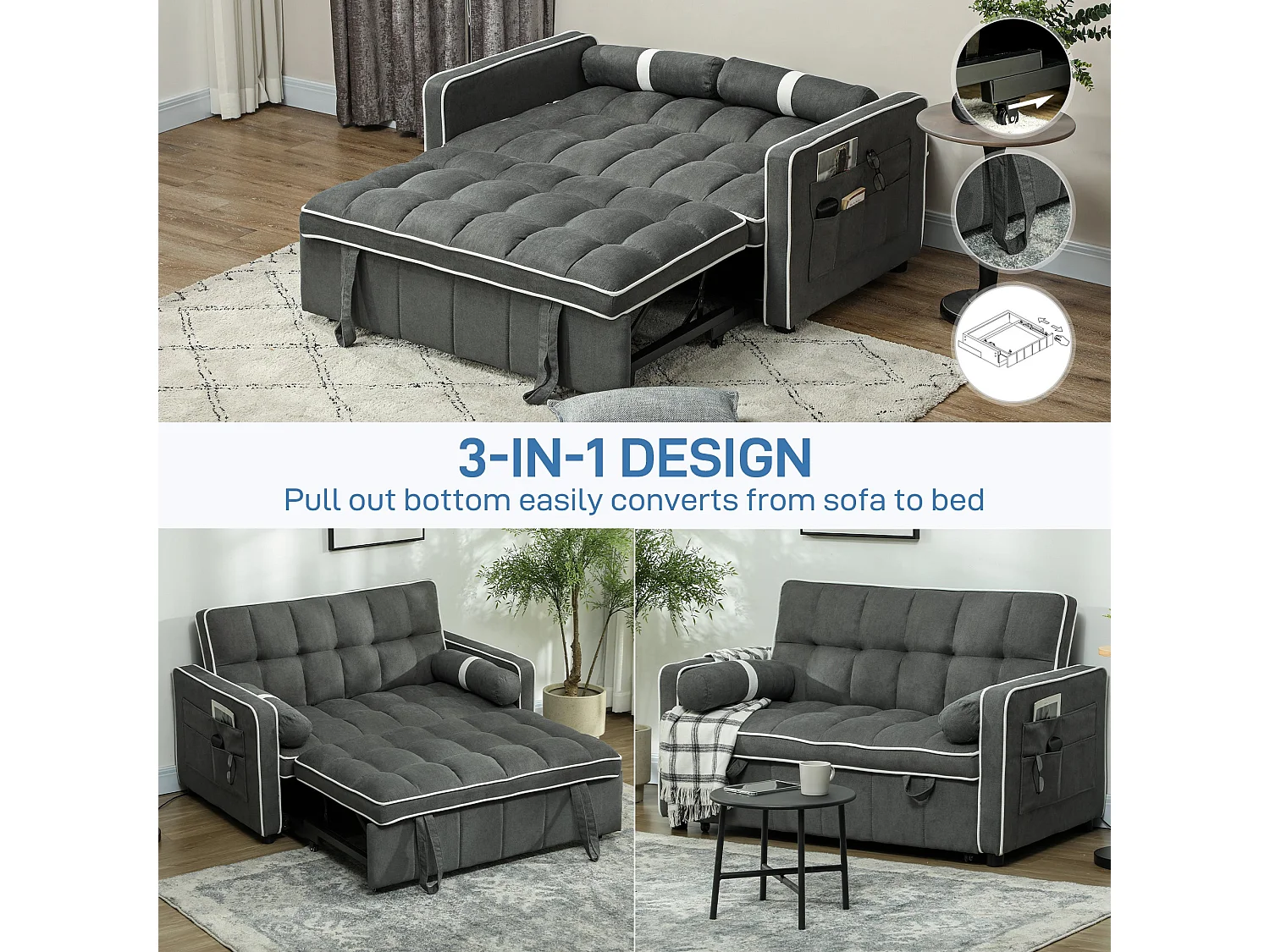 Tapa Linen Effect Charcoal Grey 2 Seater Sofa Bed with White Trim