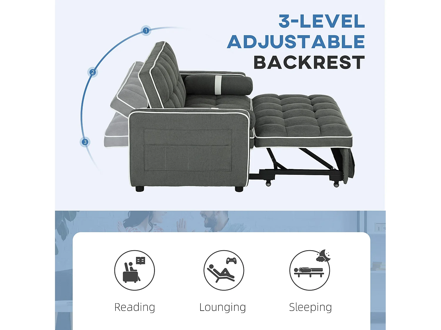 Tapa Linen Effect Charcoal Grey 2 Seater Sofa Bed with White Trim