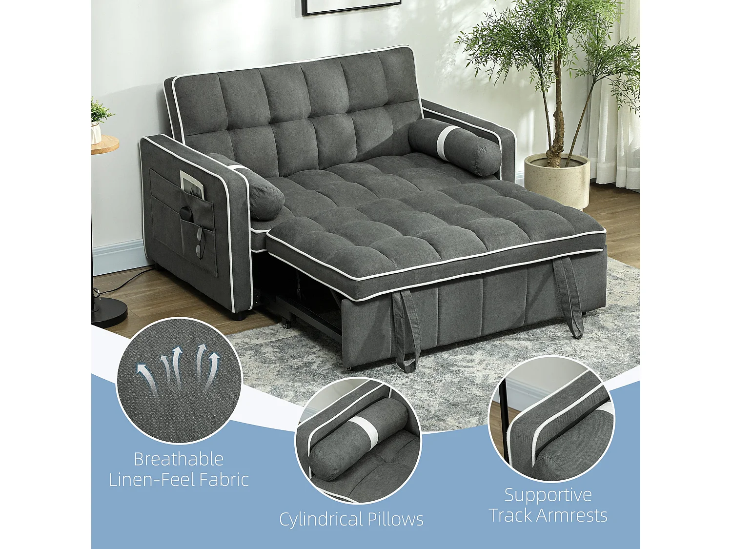 Tapa Linen Effect Charcoal Grey 2 Seater Sofa Bed with White Trim