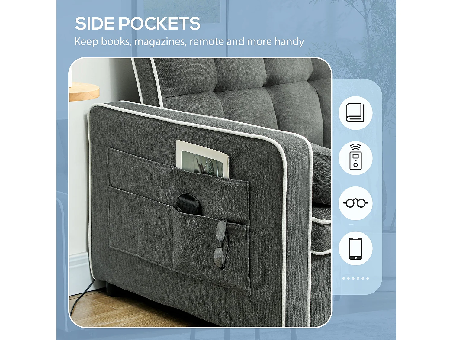 Tapa Linen Effect Charcoal Grey 2 Seater Sofa Bed with White Trim