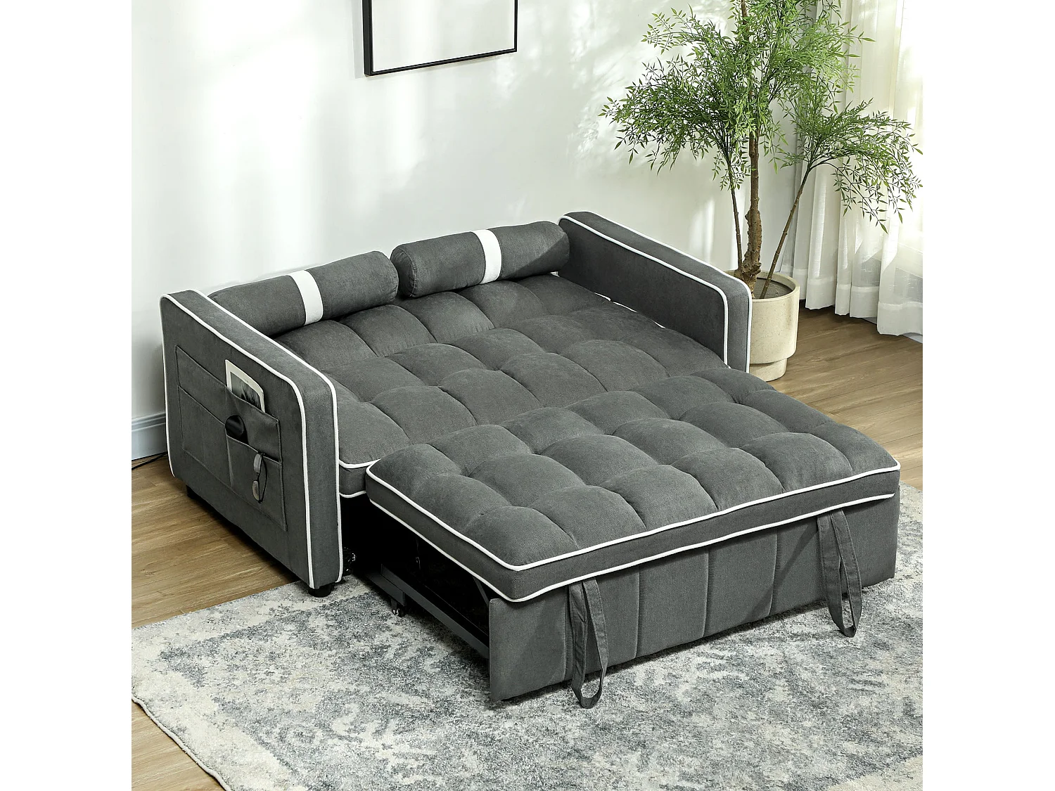 Tapa Linen Effect Charcoal Grey 2 Seater Sofa Bed with White Trim