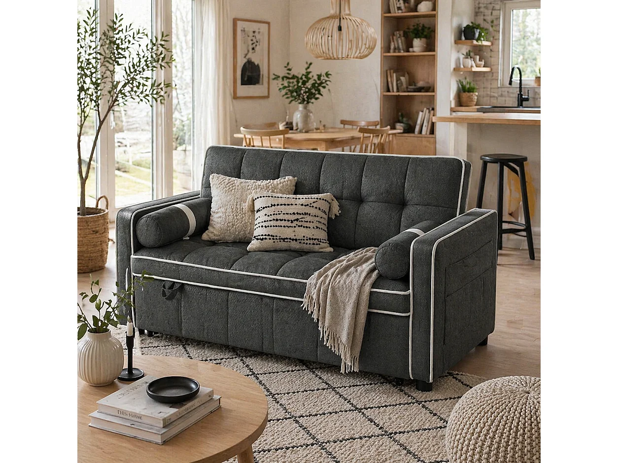 Tapa Linen Effect Charcoal Grey 2 Seater Sofa Bed with White Trim