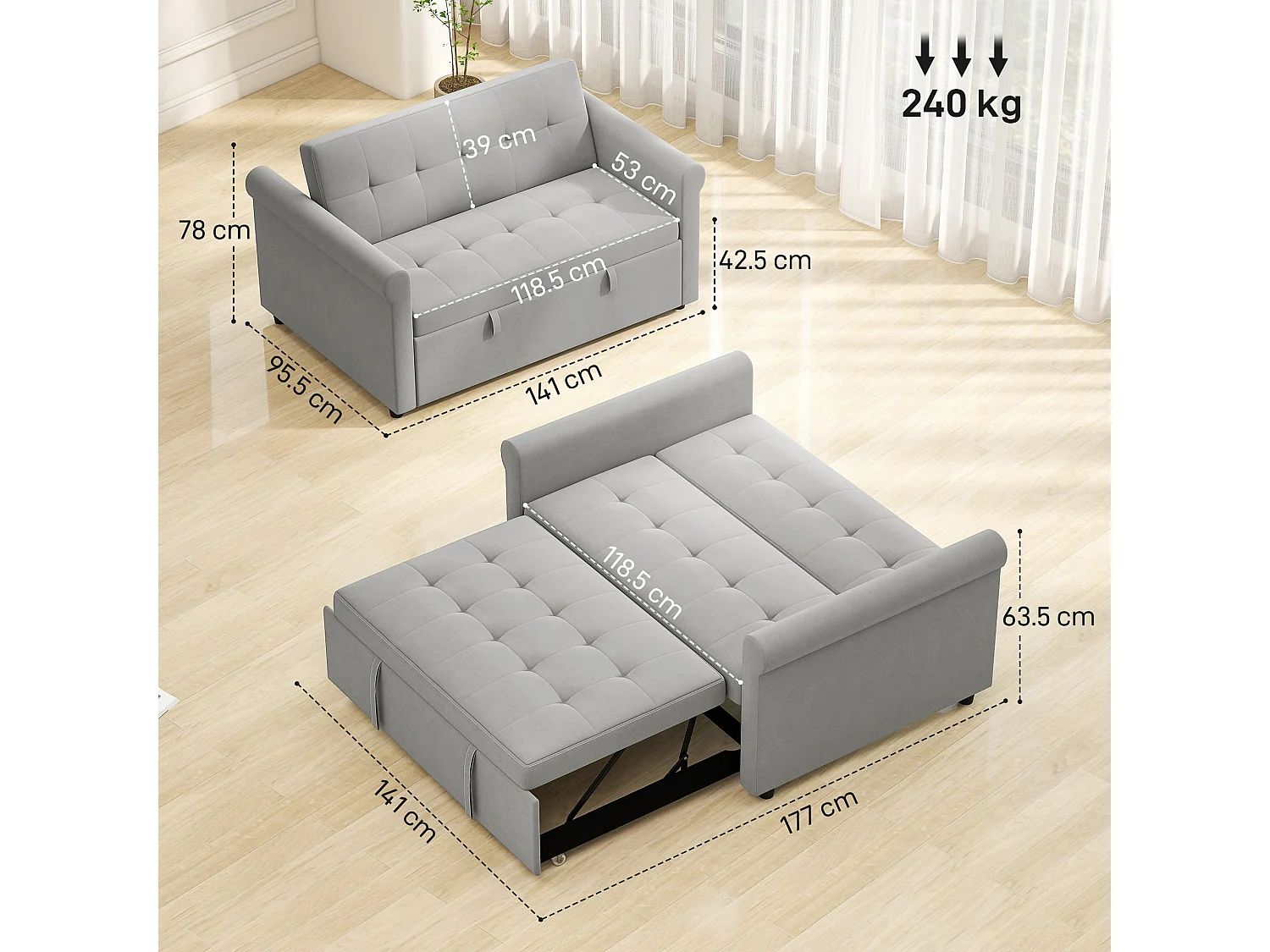 Rekano Velvet Grey 2 Seater Sofa Bed with Tufted Upholstery