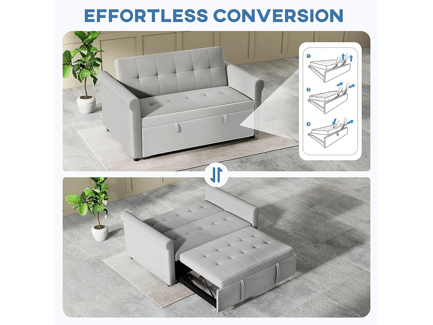 Rekano Velvet Grey 2 Seater Sofa Bed with Tufted Upholstery