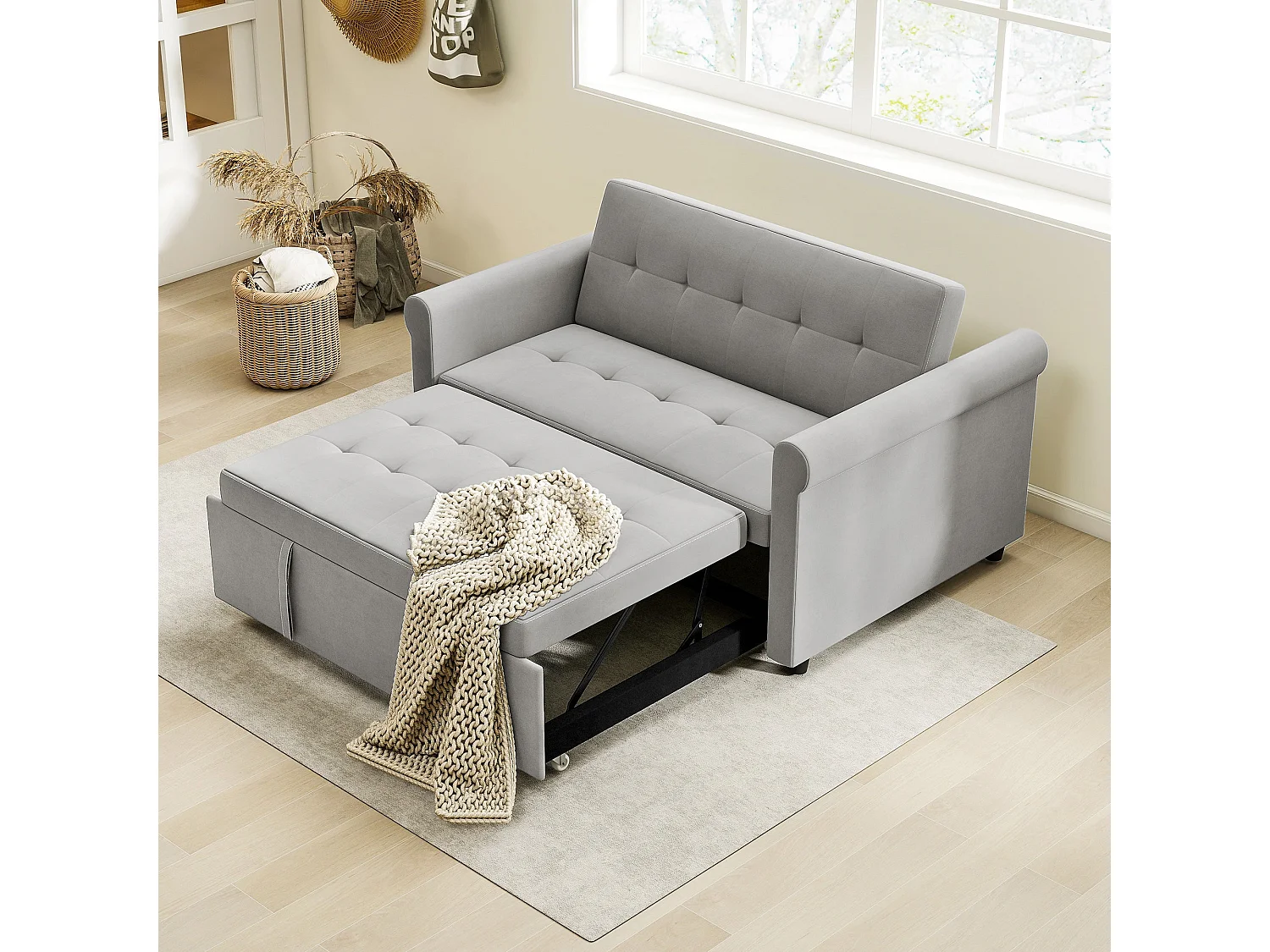 Rekano Velvet Grey 2 Seater Sofa Bed with Tufted Upholstery