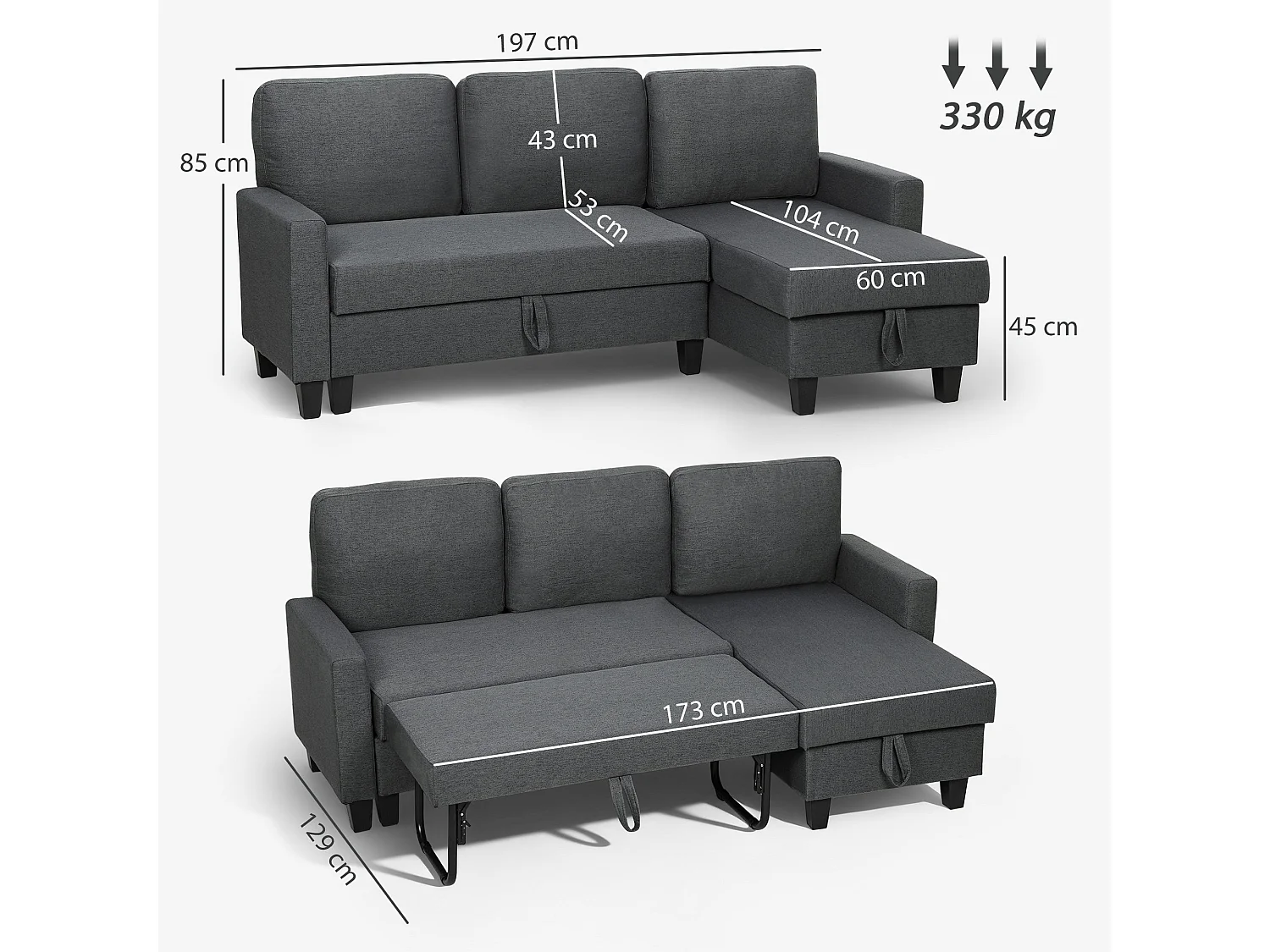 Lulo Charcoal Grey Fabric 3 Seater Sofa Bed with Reversible Chaise and Storage