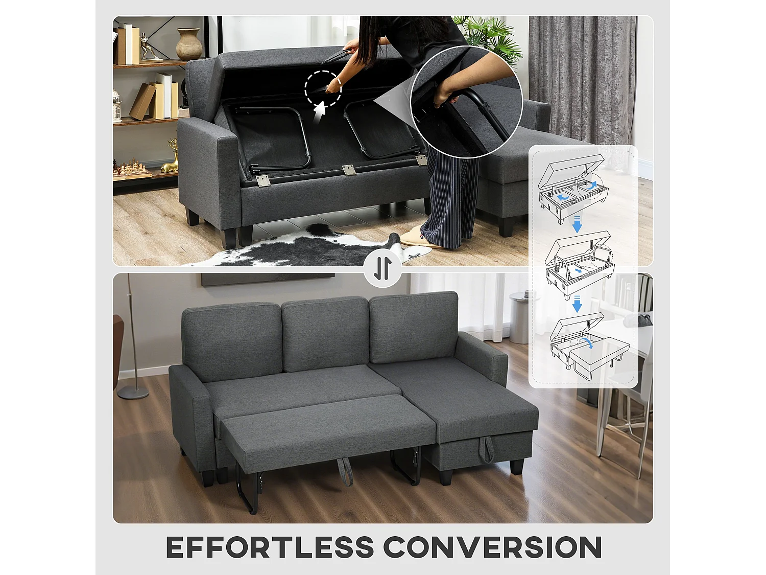 Lulo Charcoal Grey Fabric 3 Seater Sofa Bed with Reversible Chaise and Storage