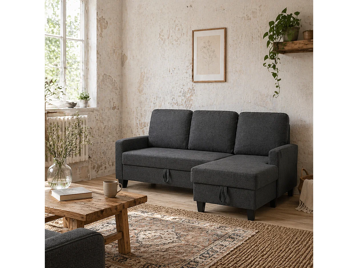 Lulo Charcoal Grey Fabric 3 Seater Sofa Bed with Reversible Chaise and Storage