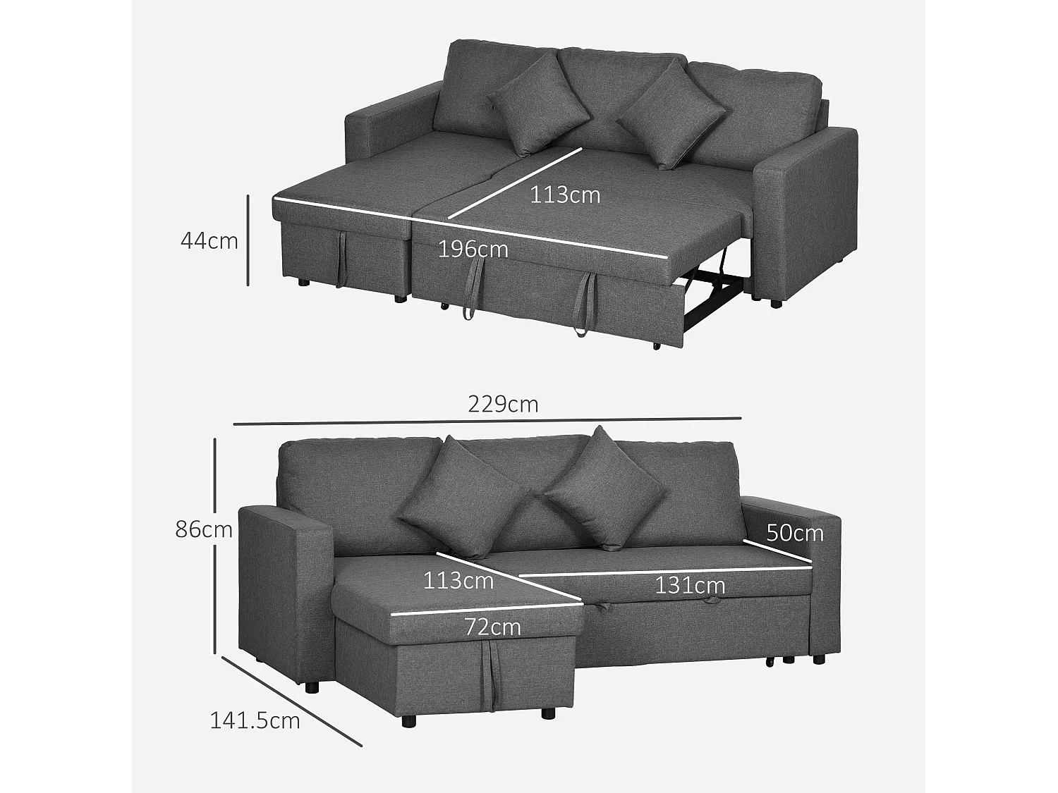 Kesosu Dark Grey 3 Seater Sofa Bed with Chaise and Built In Storage