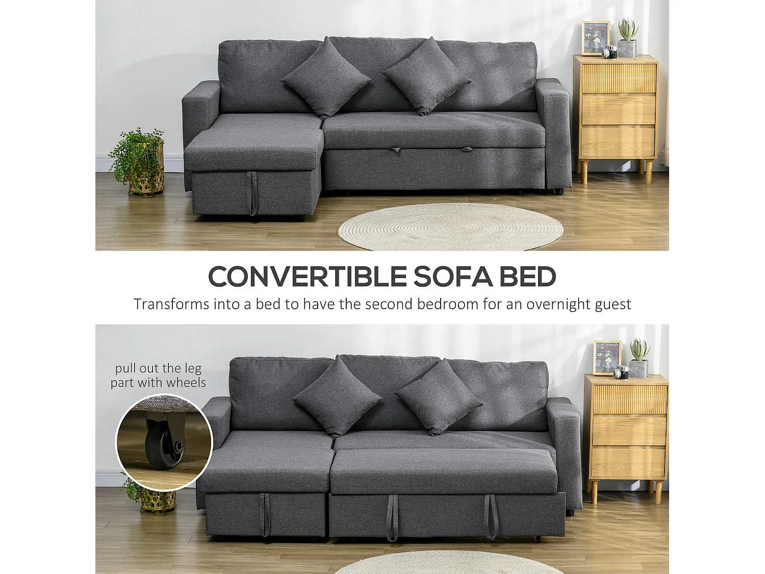 Kesosu Dark Grey 3 Seater Sofa Bed with Chaise and Built In Storage