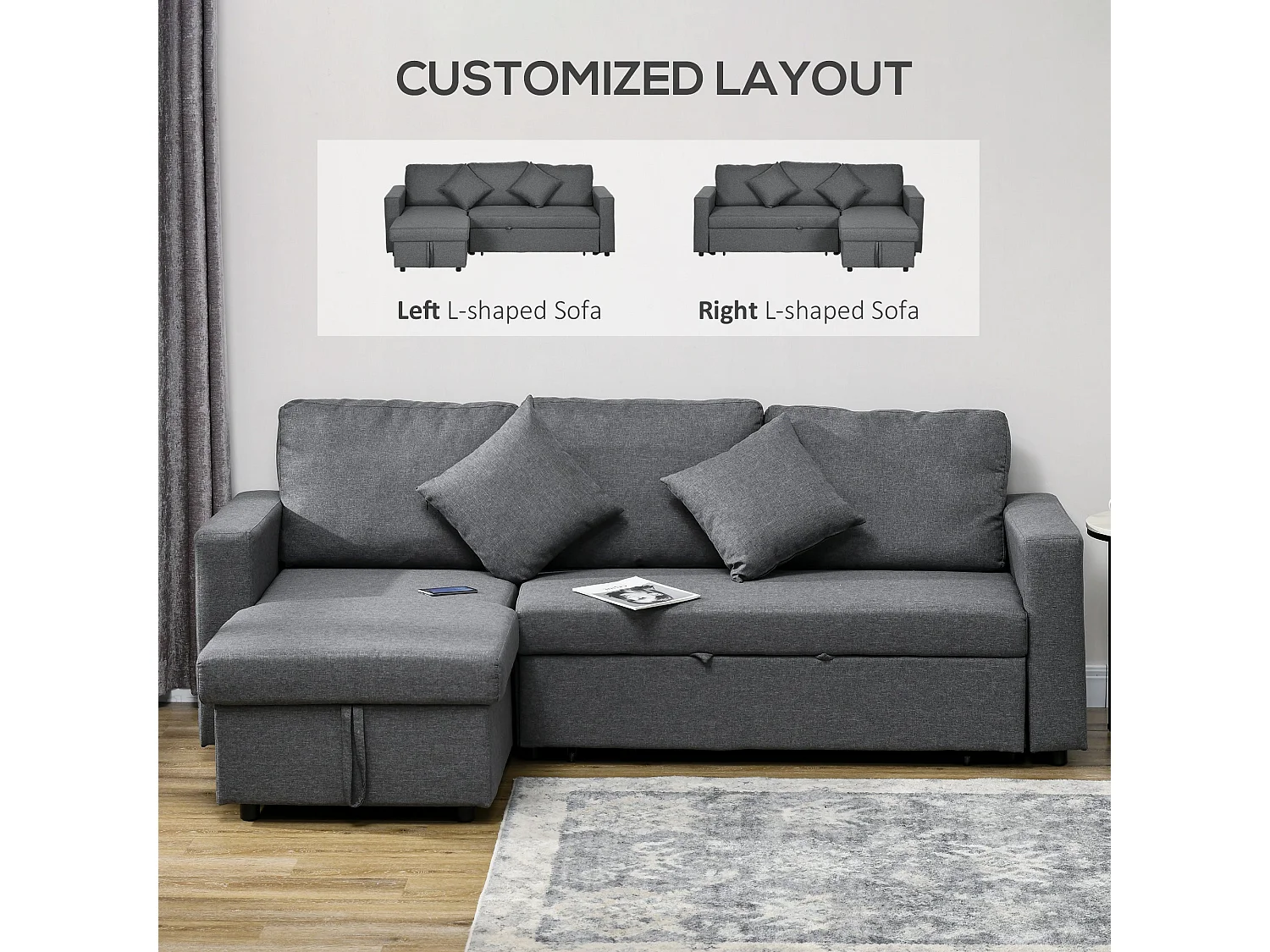 Kesosu Dark Grey 3 Seater Sofa Bed with Chaise and Built In Storage