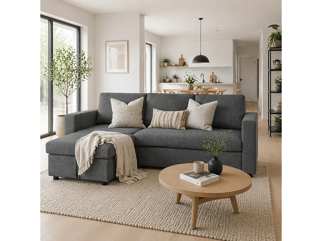 Kesosu Dark Grey 3 Seater Sofa Bed with Chaise and Built In Storage