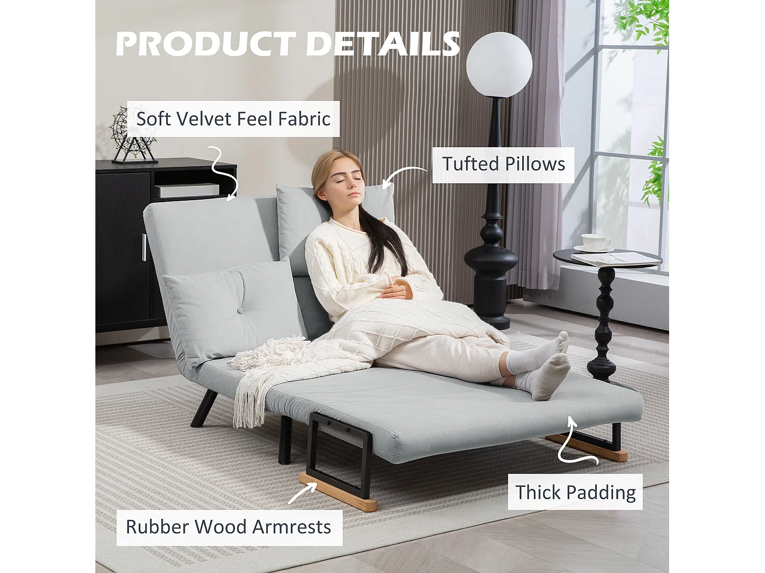 Pazike Light Grey 4 in 1 Convertible Double Sofa Bed with Cushions