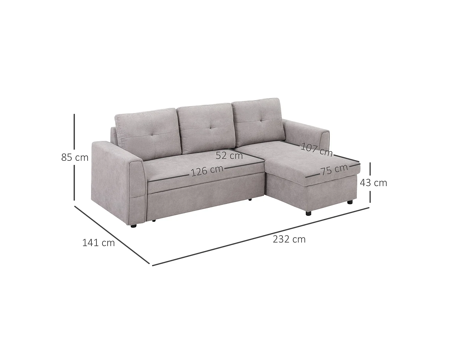 Kaba Light Grey 3 Seater L Shaped Sofa Bed with Reversible Chaise and Hidden Storage