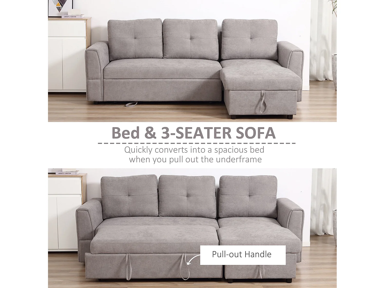 Kaba Light Grey 3 Seater L Shaped Sofa Bed with Reversible Chaise and Hidden Storage
