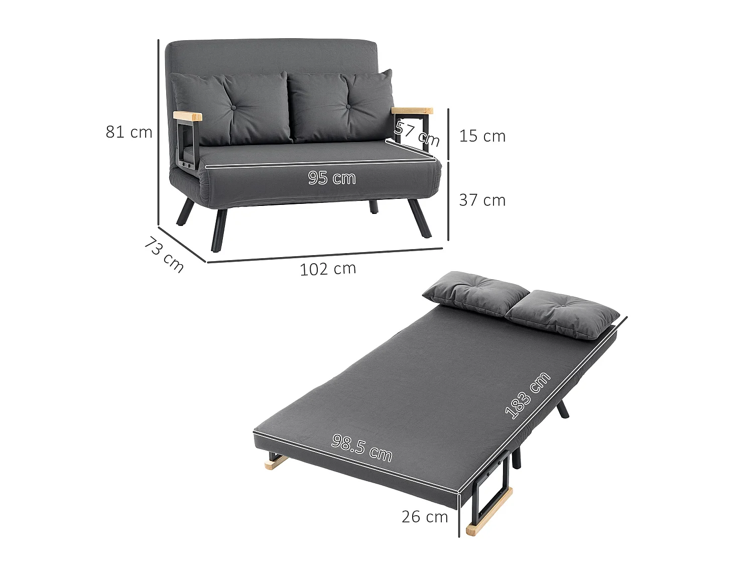 Dima Velvet Dark Grey 4 in 1 Convertible Double Sofa Bed with Cushions and Wooden Armrests