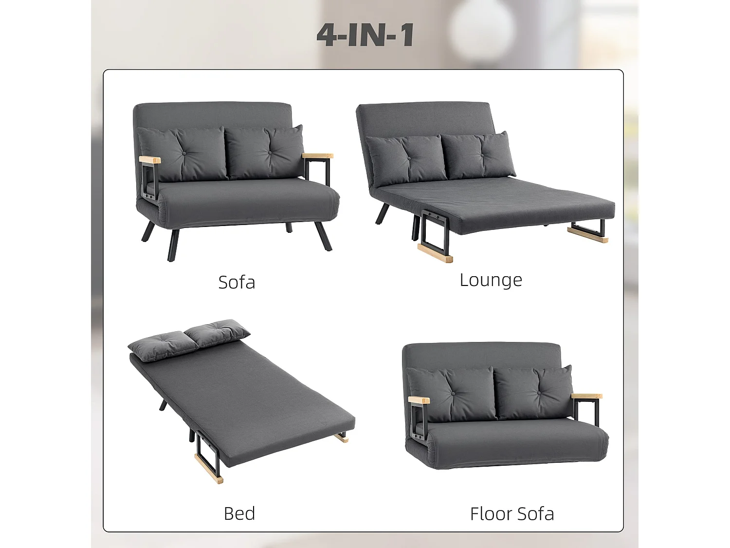 Dima Velvet Dark Grey 4 in 1 Convertible Double Sofa Bed with Cushions and Wooden Armrests
