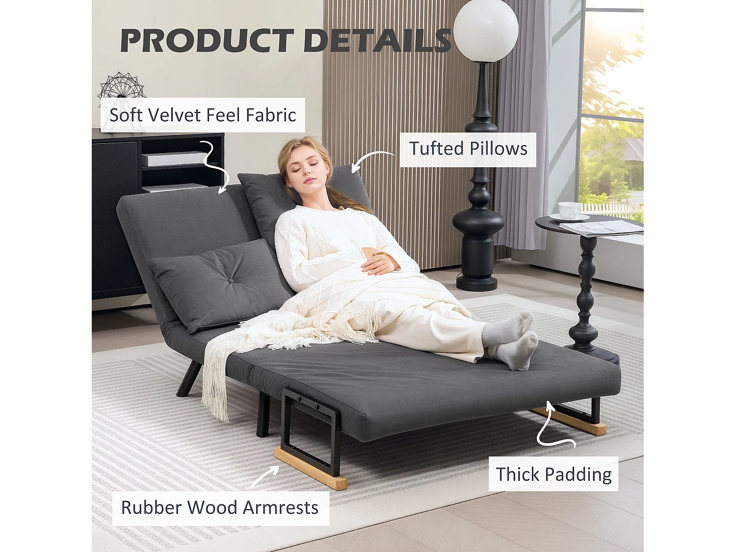 Dima Velvet Dark Grey 4 in 1 Convertible Double Sofa Bed with Cushions and Wooden Armrests