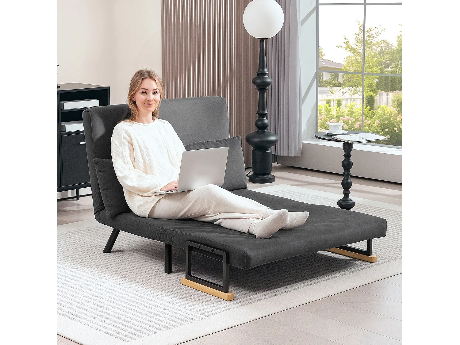 Dima Velvet Dark Grey 4 in 1 Convertible Double Sofa Bed with Cushions and Wooden Armrests