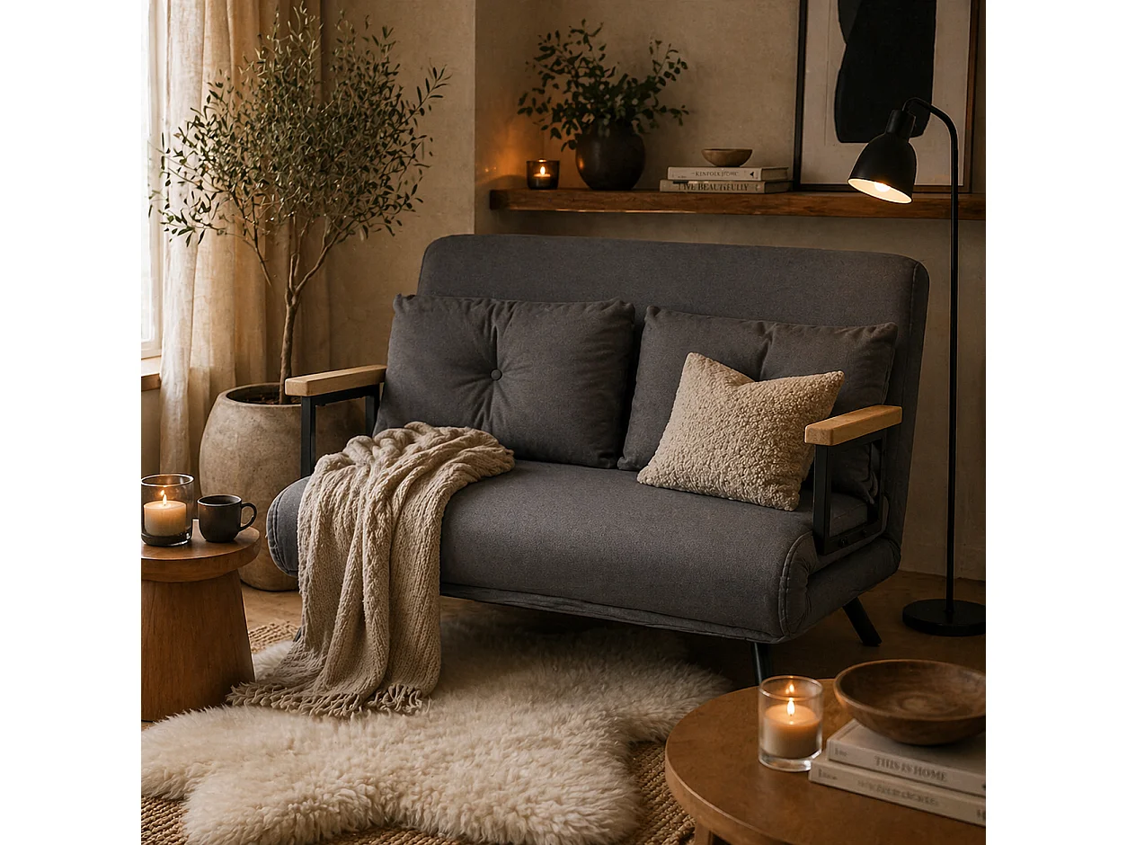 Dima Velvet Dark Grey 4 in 1 Convertible Double Sofa Bed with Cushions and Wooden Armrests