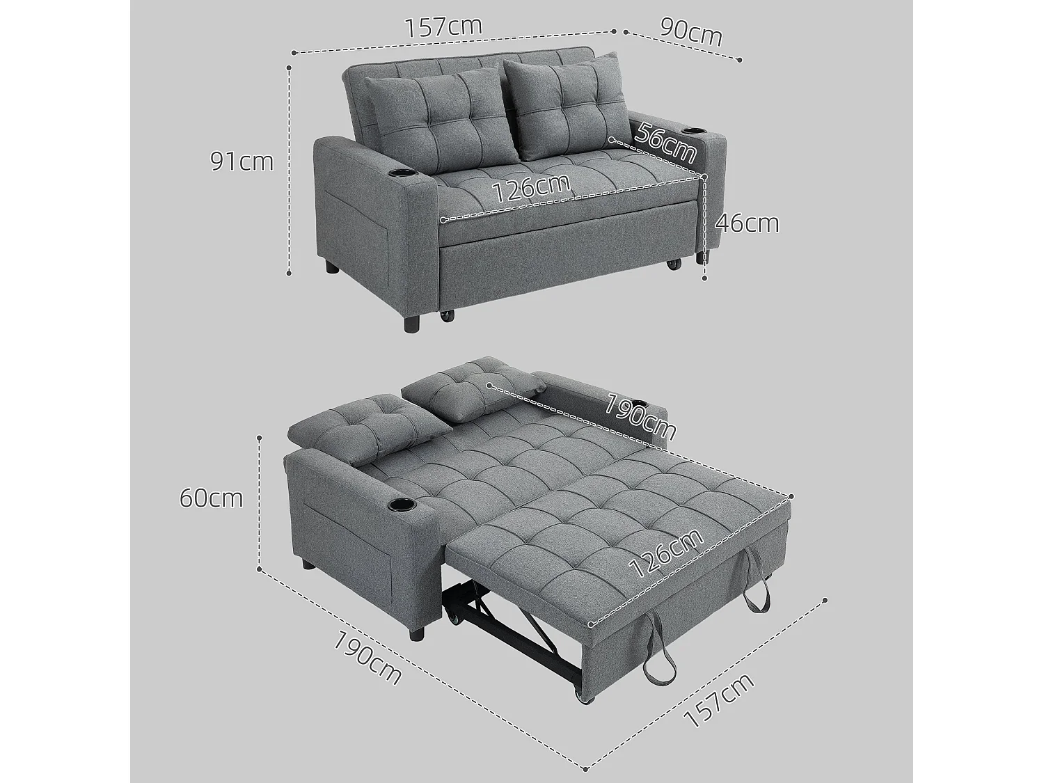 Rireel Diha Dark Grey 2 Seater Pull Out Sofa Bed