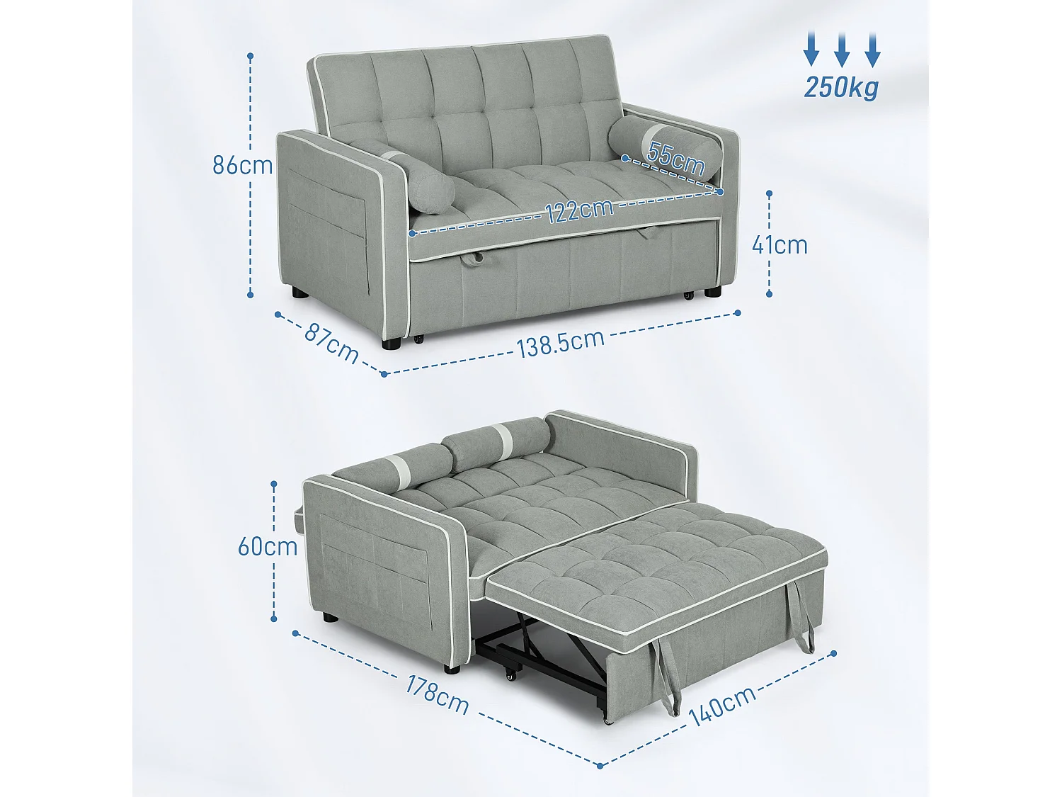 Tapa Linen Effect 2 Seater Sofa Bed Light Grey with White Trim