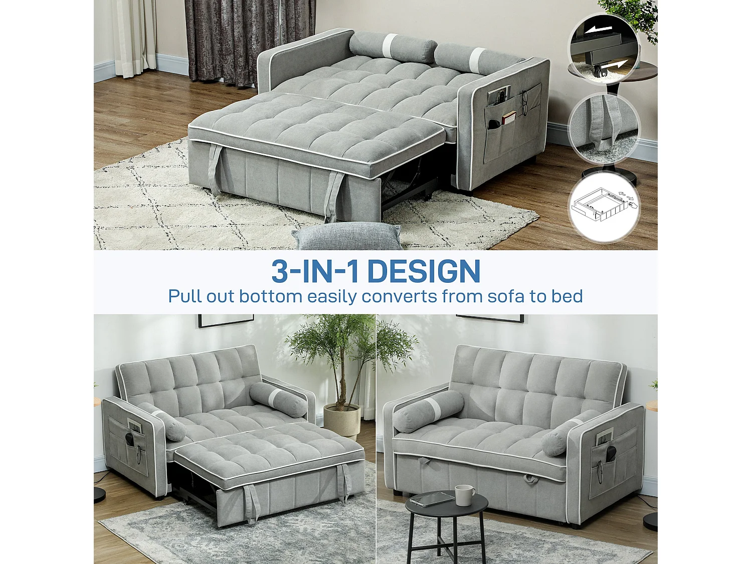 Tapa Linen Effect 2 Seater Sofa Bed Light Grey with White Trim