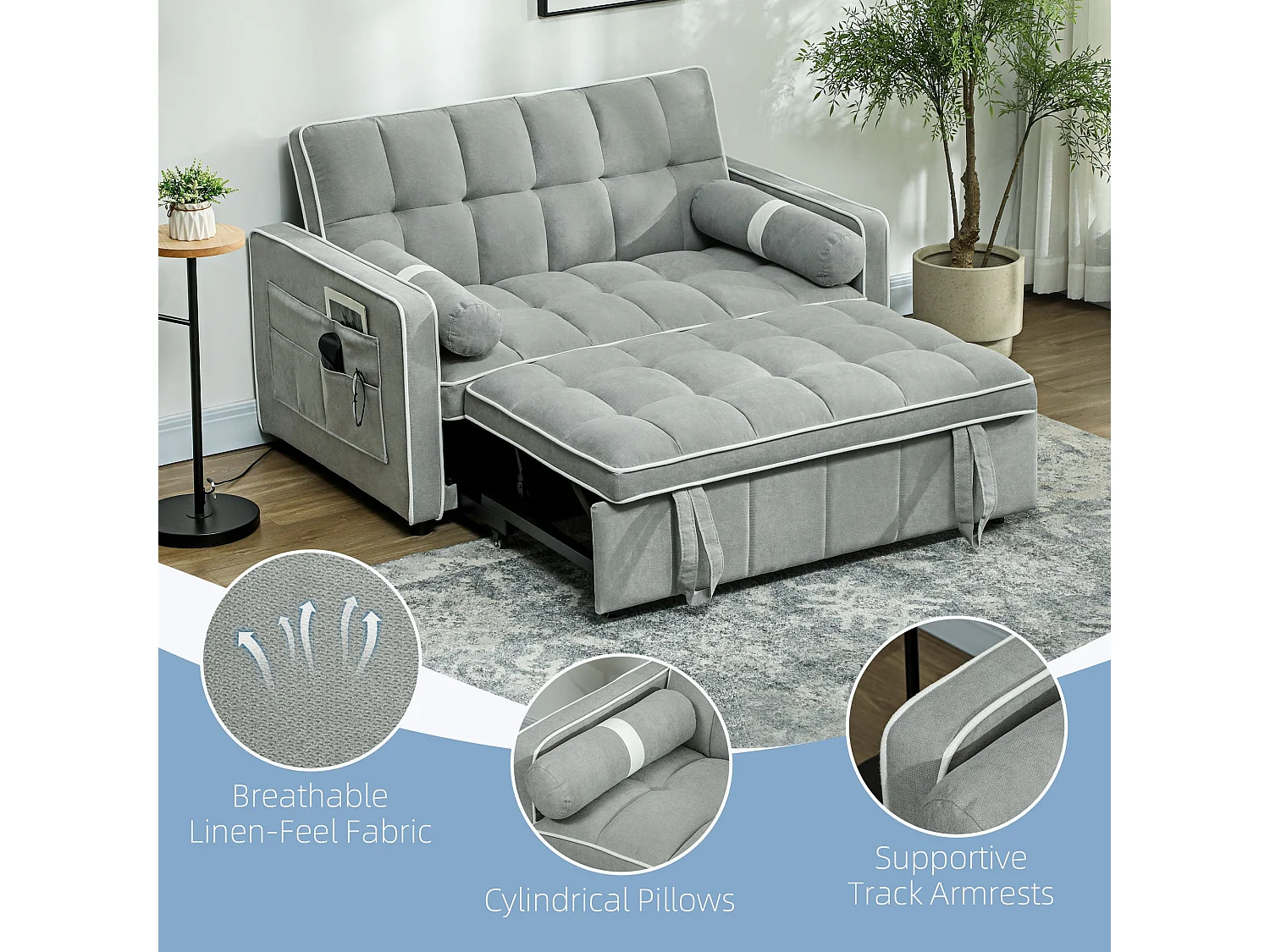 Tapa Linen Effect 2 Seater Sofa Bed Light Grey with White Trim