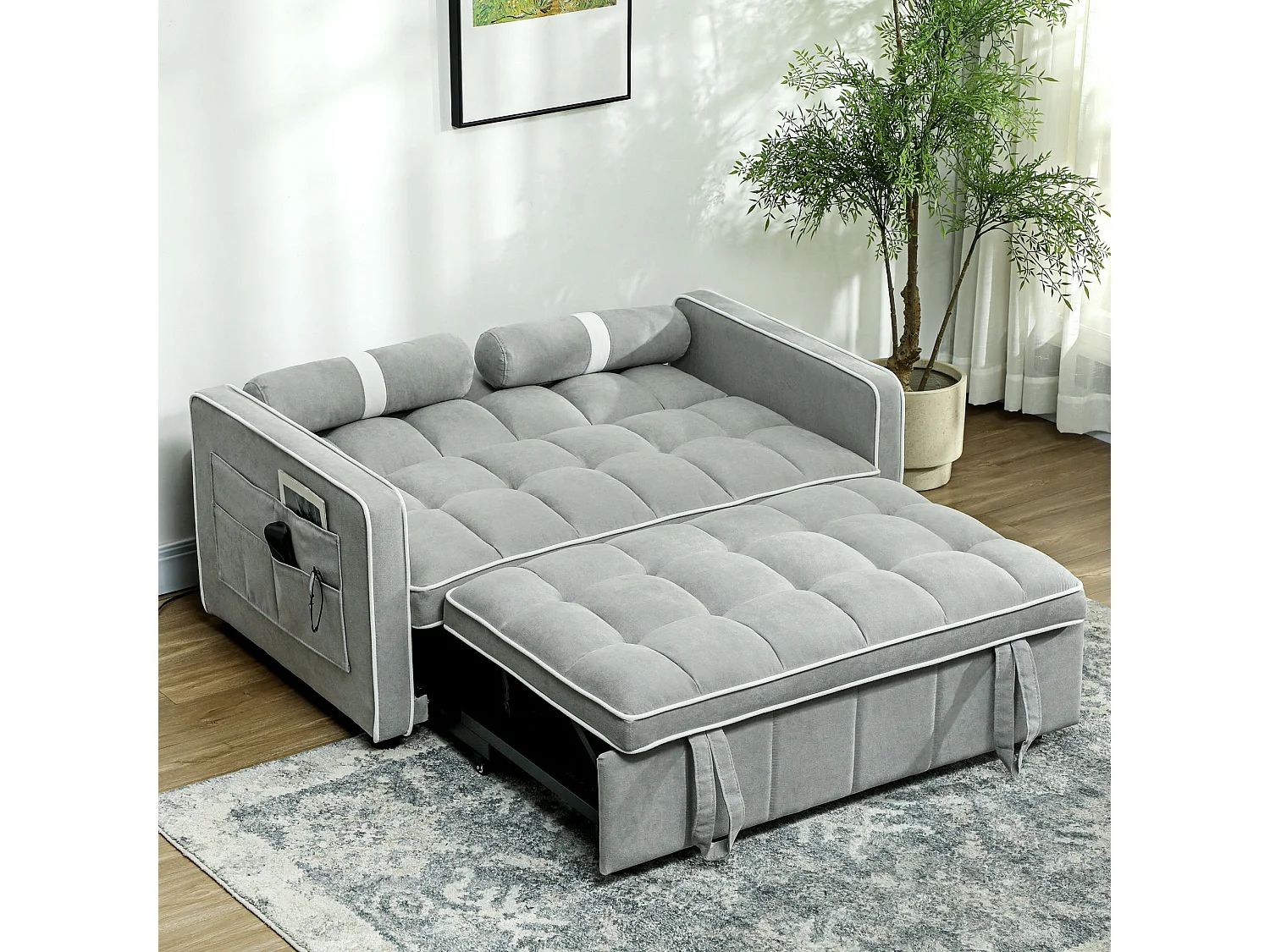 Tapa Linen Effect 2 Seater Sofa Bed Light Grey with White Trim