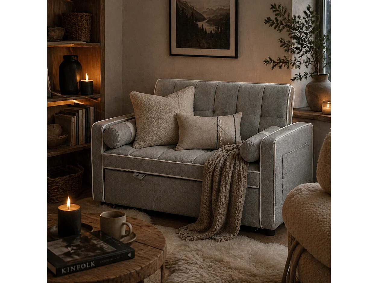 Tapa Linen Effect 2 Seater Sofa Bed Light Grey with White Trim