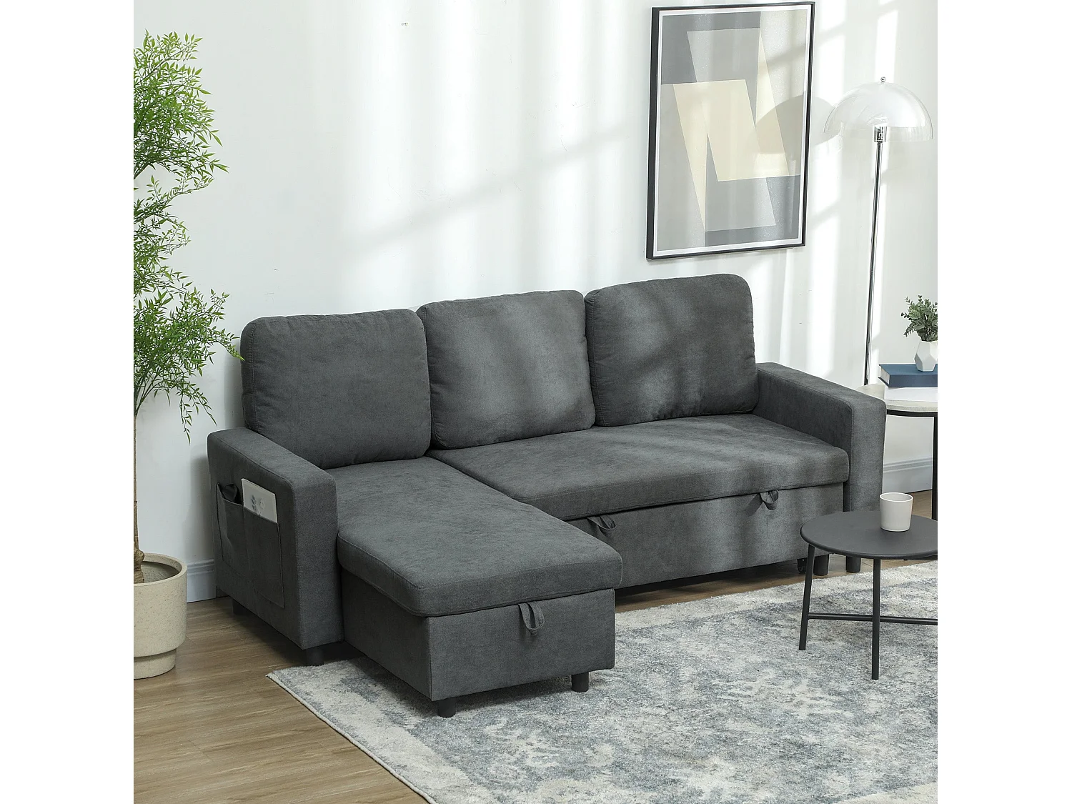 Sesune Yoli Charcoal Grey Pull Out Corner Sofa Bed with Storage and Side Pockets