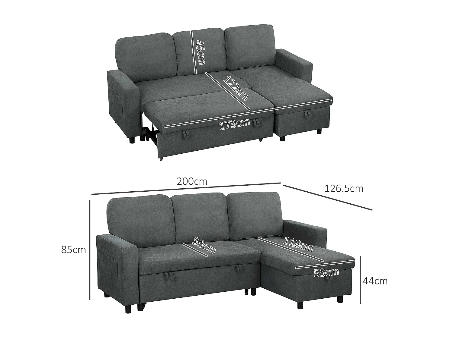Sesune Yoli Charcoal Grey Pull Out Corner Sofa Bed with Storage and Side Pockets