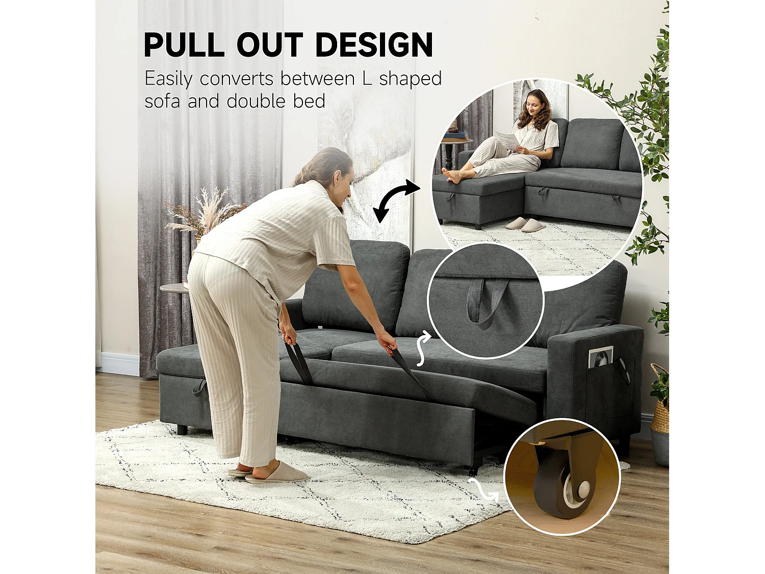 Sesune Yoli Charcoal Grey Pull Out Corner Sofa Bed with Storage and Side Pockets