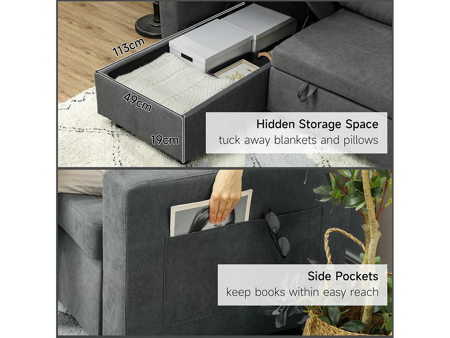 Sesune Yoli Charcoal Grey Pull Out Corner Sofa Bed with Storage and Side Pockets