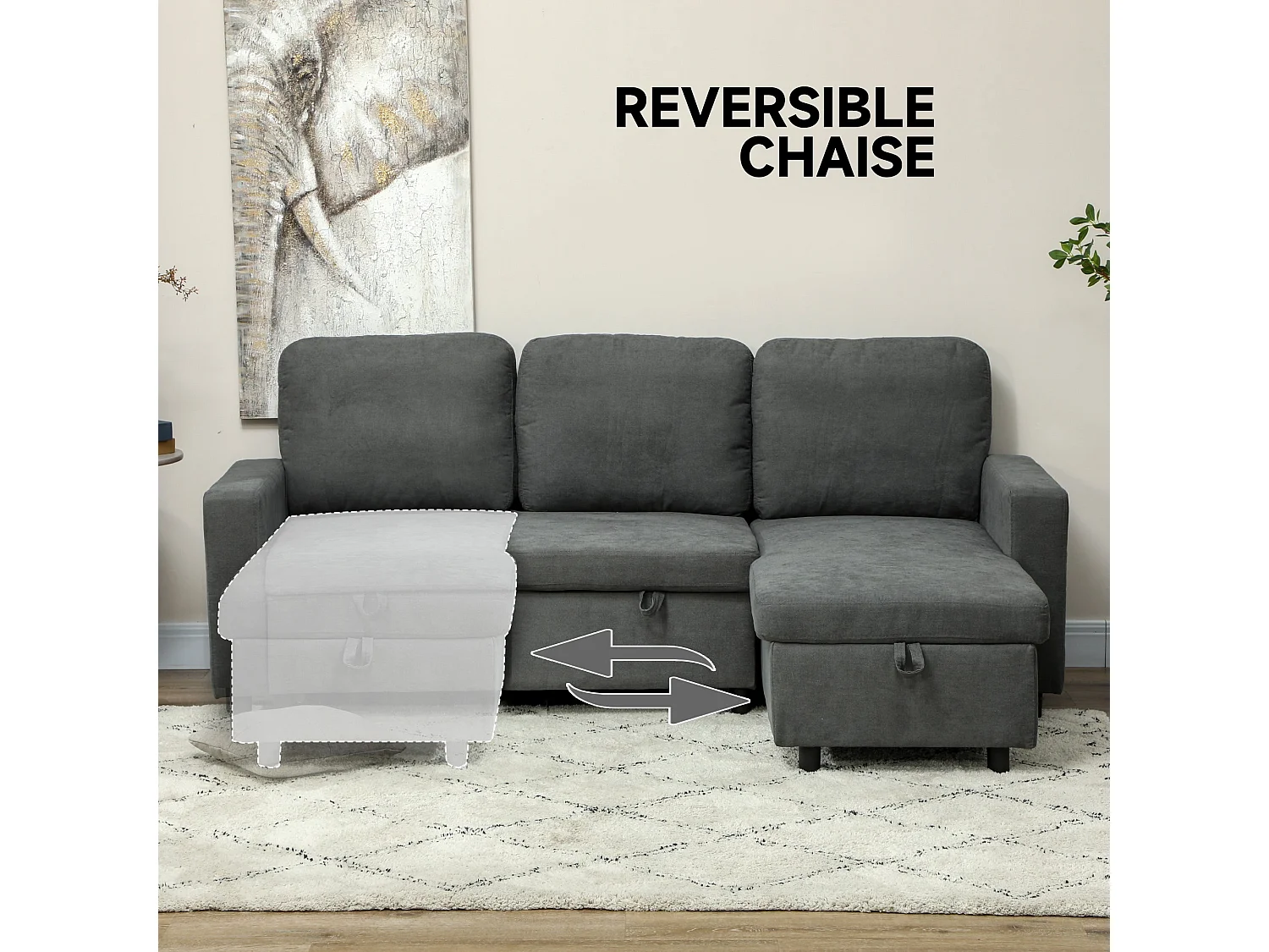 Sesune Yoli Charcoal Grey Pull Out Corner Sofa Bed with Storage and Side Pockets