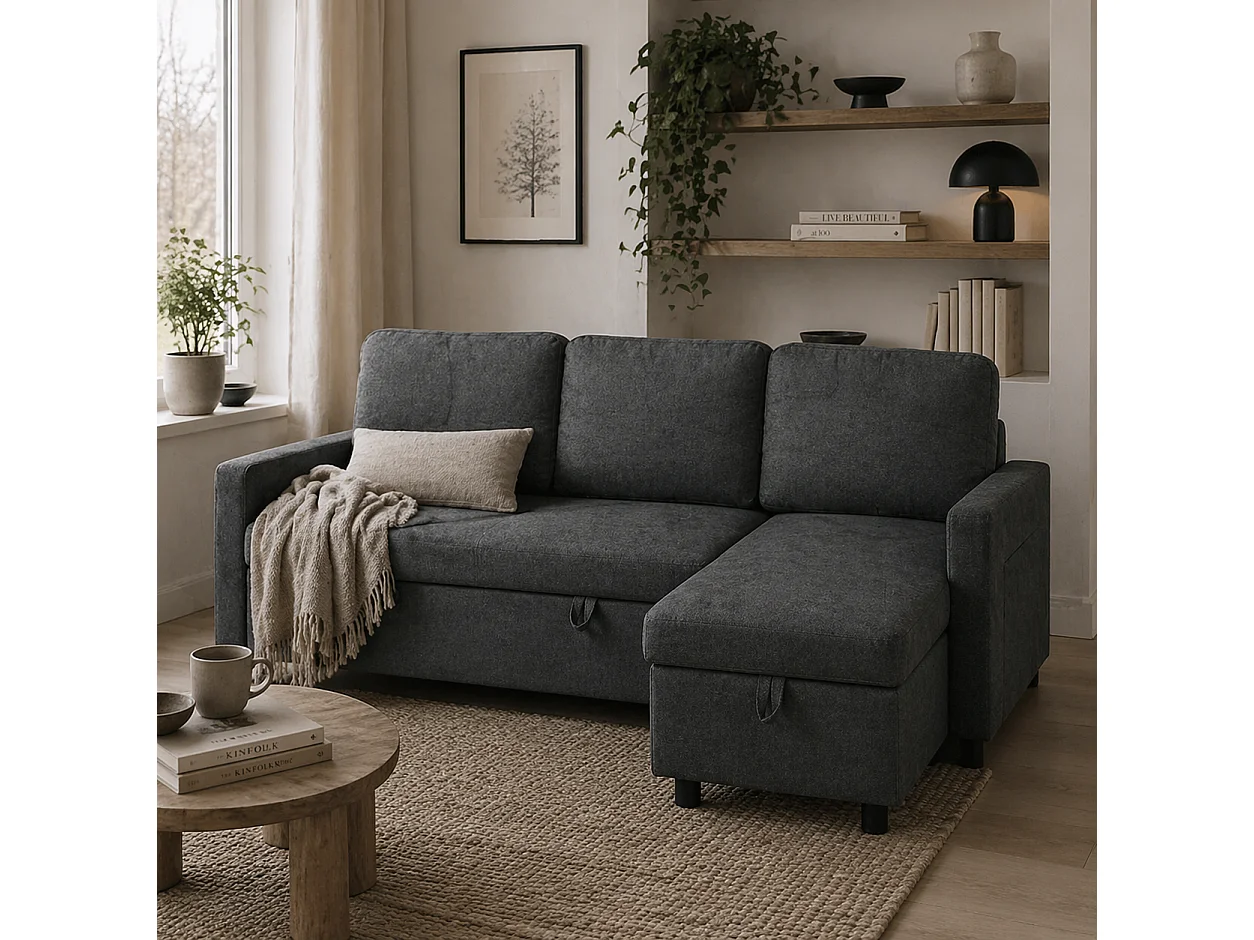 Sesune Yoli Charcoal Grey Pull Out Corner Sofa Bed with Storage and Side Pockets