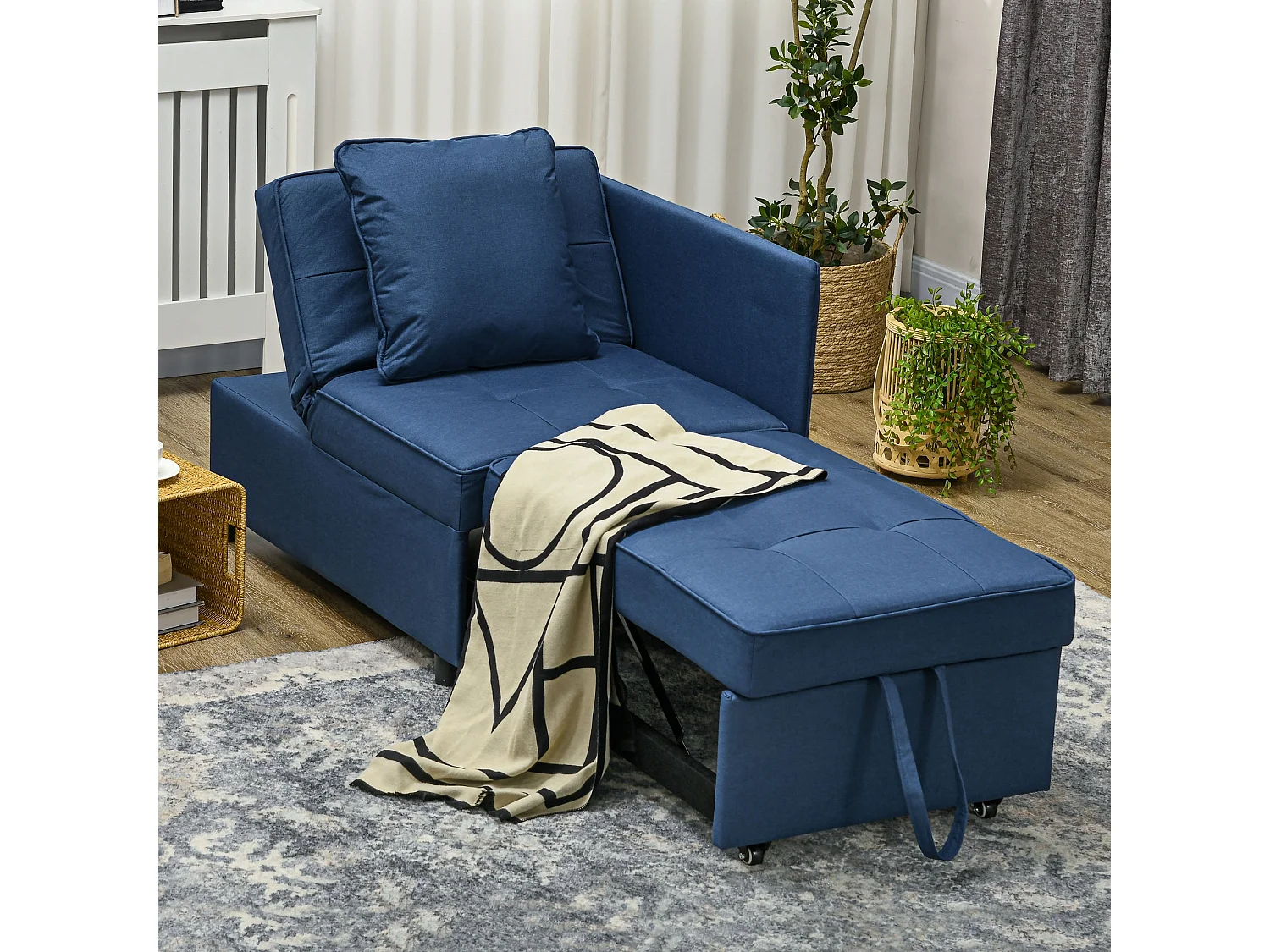 Sumima Fabric Blue Convertible Single Sofa Bed 5 Position Adjustable Back Fold Out Design